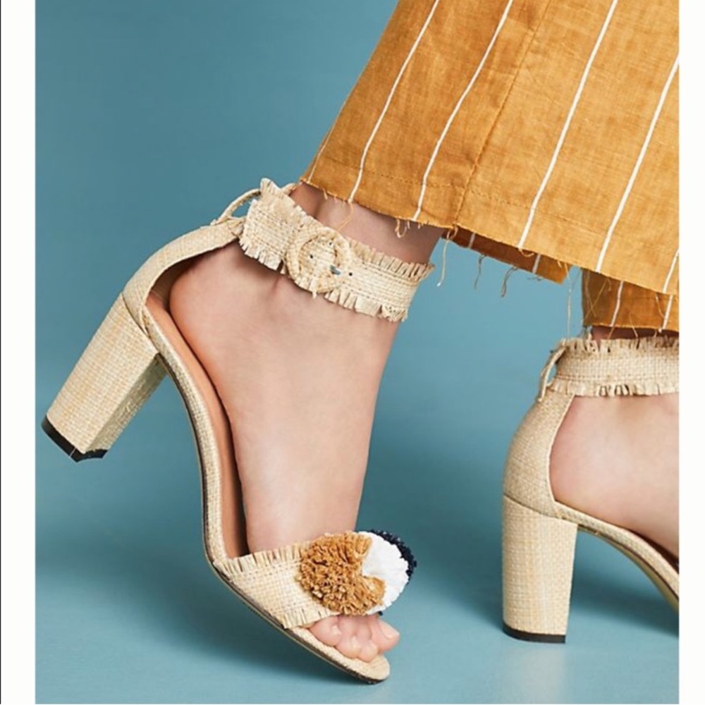 Anthropologie All Black Raffia Pommed Heels Open Toe Pompom Sandal Heel